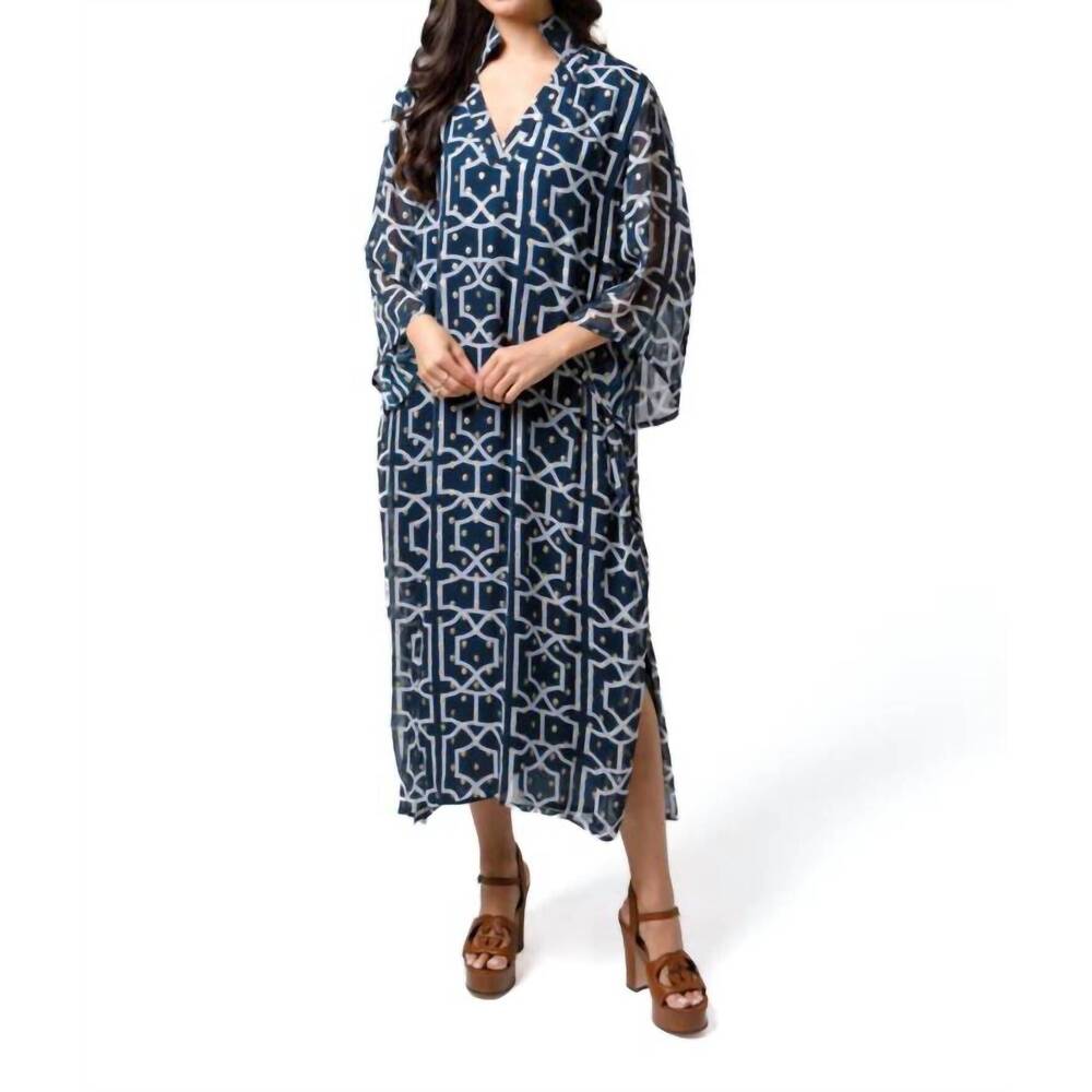 NEW HOLLY SHAE DESIGN maria caftan midi dress in lattice cove navy